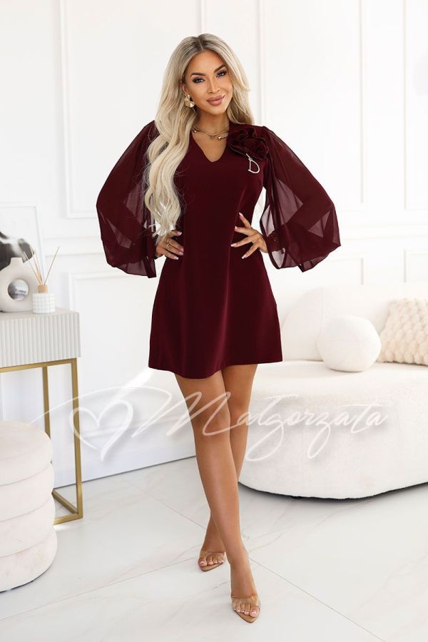 A burgundy A-line dress with long sleeves and a flower – Kornela