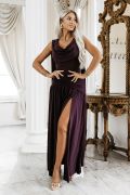 Plum-coloured maxi evening dress with a halter neckline and sashes – Aurelia