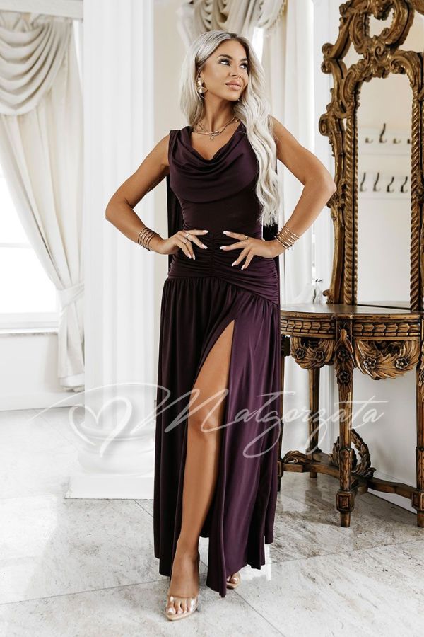 Plum-coloured maxi evening dress with a halter neckline and sashes – Aurelia