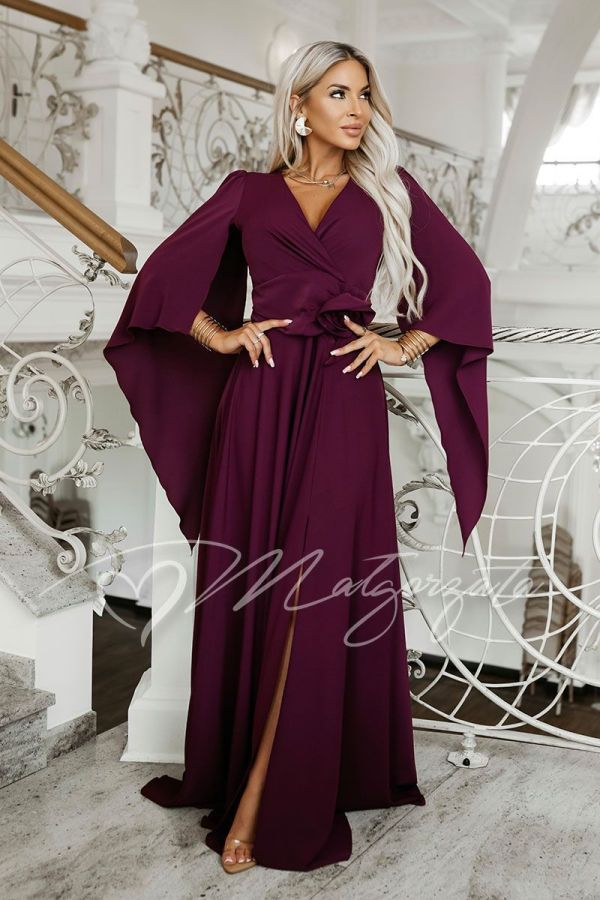 Plum-coloured maxi evening dress with wide sleeves and a floral motif – Luciana