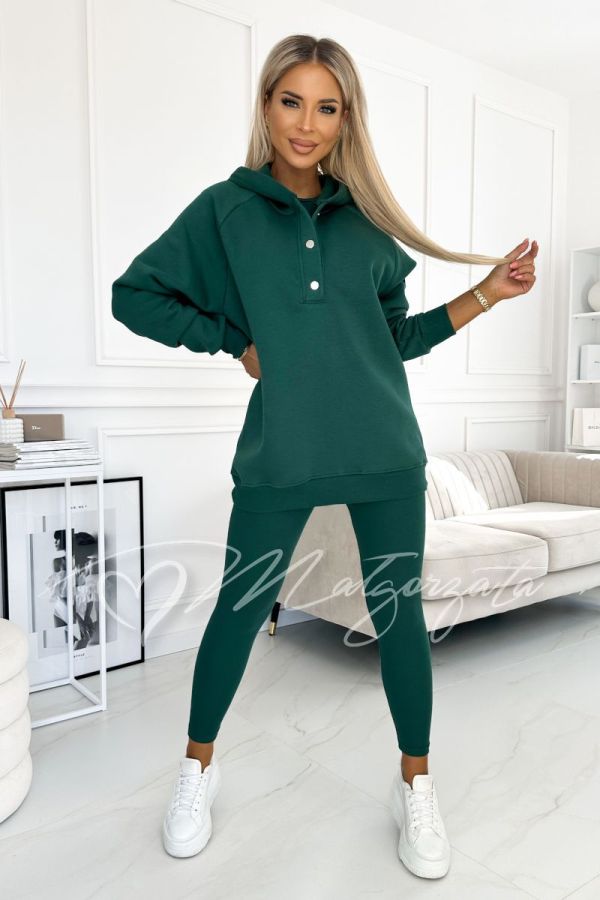 Komplet  damski trzyczęściowy | bluza, top i legginsy butelkowa zieleń - Chelo